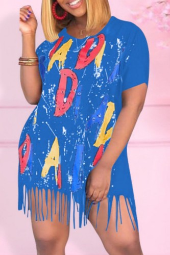 Abito a maniche corte con scollo a V nappa con stampa casual blu