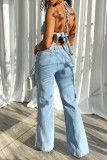 Babyblauw Casual Effen Ripped Patchwork Regular Denim Jeans met hoge taille