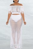 White Sexy Solid Tassel Hollowed Out See-through Slit Off the Shoulder Short Sleeve Two Pieces