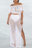 Black Sexy Solid Tassel Hollowed Out See-through Slit Off the Shoulder Short Sleeve Two Pieces