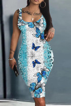Голубое сексуальное повседневное платье с принтом, базовое платье с U-образным вырезом, платья