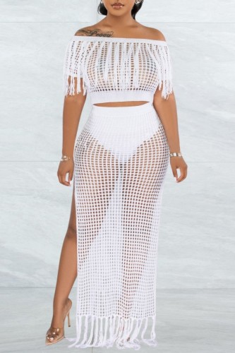 White Sexy Solid Tassel Hollowed Out See-through Slit Off the Shoulder Short Sleeve Two Pieces