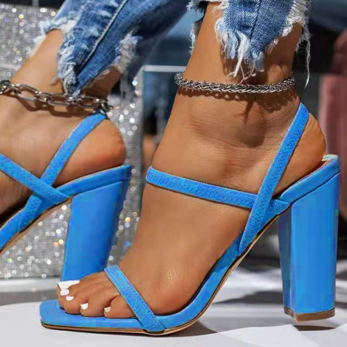 Chaussures compensées de porte carrées de couleur unie décontractées en patchwork bleu clair (hauteur du talon 3.94 pouces)