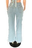 Jeans de mezclilla regular de cintura alta con patchwork rasgado sólido casual azul bebé