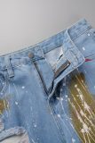 Light Blue Casual Print Ripped Mid Waist Regular Denim Shorts (Subject To The Actual Object)
