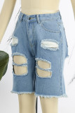 Light Blue Casual Solid Ripped High Waist Regular Baggy Jeans Shorts Denim Shorts