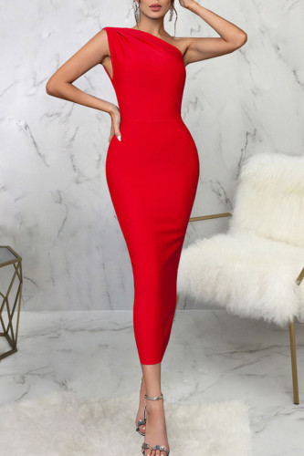 Red Sexy Solid Patchwork Oblique Collar Pencil Skirt Dresses