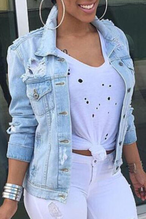 Light Blue Casual Solid Turndown Collar Long Sleeve Regular Distressed Ripped Denim Jacket