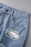 Light Blue Casual Solid Ripped High Waist Regular Baggy Jeans Shorts Denim Shorts
