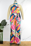 Yellow Casual Daily Print With Belt O Neck Regular Jumpsuits