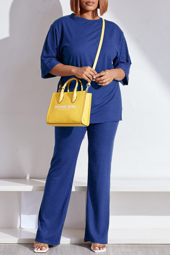 Blue Casual Solid Basic O Neck Short Sleeve Two Pieces