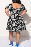 Черные платья в стиле пэчворк с милым принтом и V-образным вырезом А-силуэта Плюс размер