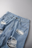 Light Blue Casual Solid Ripped High Waist Regular Denim Shorts