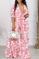 Pink Sexy Floral Print Bandage Patchwork Stringy Selvedge V Neck Straight Ruffle Hem Wide Leg Jumpsuits