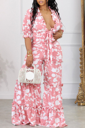 Pink Sexy Print Bandage Patchwork Stringy Selvedge V Neck Straight Jumpsuits