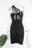 Black Sexy Party Solid See-through Fold Hot Drill Solid Color One Shoulder Wrapped Skirt Dresses