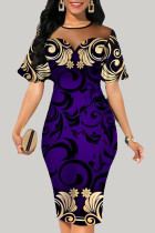 Vestidos de falda de un paso con cuello en O con cremallera de malla de retazos de estampado elegante vintage informal púrpura