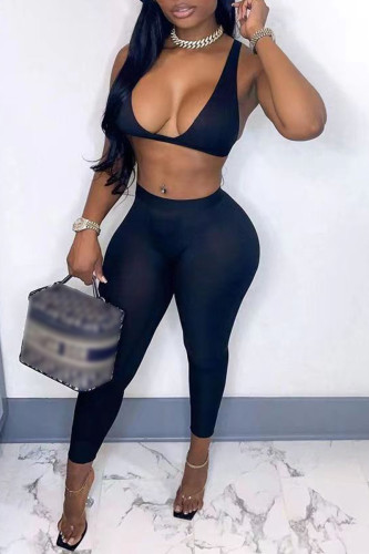 Black Sexy Solid Backless V Neck Sleeveless Two Pieces