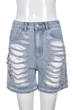 Pantaloncini di jeans regolari patchwork scavati in tinta unita da strada casual blu baby