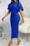 ブルーカジュアルワークソリッド包帯パッチワークOネックワンステップスカートドレス