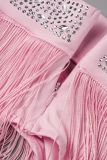 Pink Sexy Party Solid Tassel Transparent Paillettes Hot Drill V Neck Long Sleeve Two Pieces