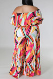 Red Casual Print Patchwork Fold Off the Shoulder Plus Size Jumpsuits