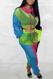 Estampado informal multicolor Ahuecado Patchwork Cuello con capucha transparente Manga larga Dos piezas