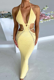 Light Yellow Casual Solid Hollowed Out Halter Pencil Skirt Dresses
