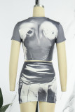 Grey Casual Street Print O Neck Short Sleeve Two Pieces
