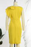 Желтые повседневные элегантные однотонные платья-юбки с оборками на молнии и круглым вырезом
