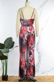 Rote Sexy Print Bandage Patchwork Spaghettiträger Normale Overalls