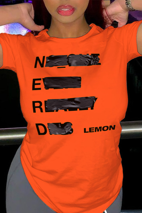 オレンジ カジュアル デイリー プリント パッチワーク レター O ネック Tシャツ