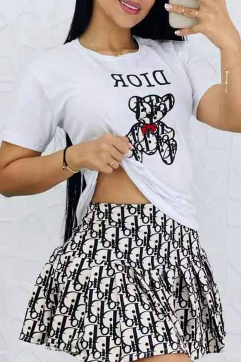 

White Casual Character Print Letter O Neck Short Sleeve Two Pieces