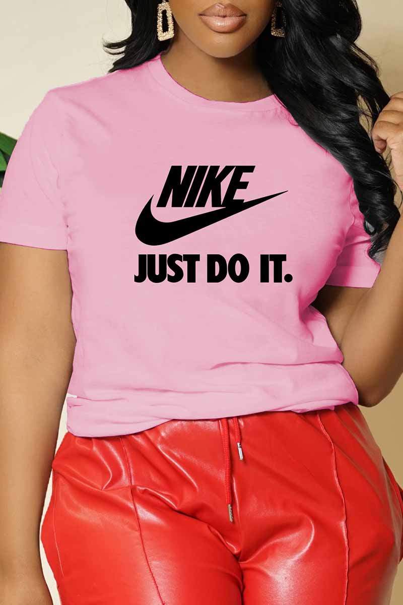 

Pink Casual Print Letter O Neck T-Shirts