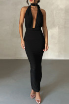 Black Sexy Street Elegant Solid Backless Slit Fold V Neck Wrapped Skirt Dresses