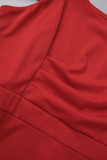 Rosso Sexy Elegante Solido Patchwork Balza Spaghetti Spalline Vestito Irregolare Abiti Taglie Forti