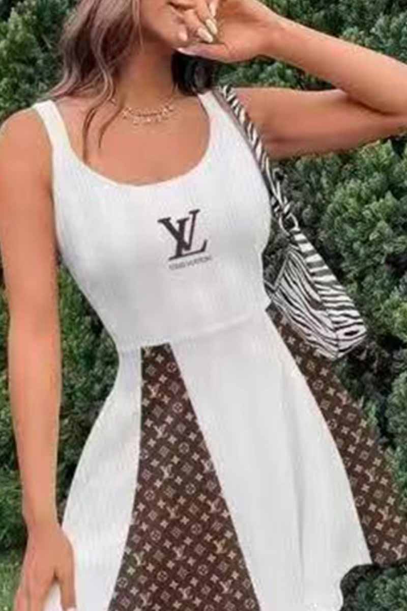 

White Street Letter Embroidered Patchwork U Neck A Line Dresses