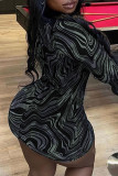 Noir Sexy Casual Street Print évidé O Neck enveloppé jupe robes