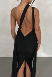 Svart Sexig Street Elegant Solid Backless Slit Vik V-hals omslagna kjolklänningar