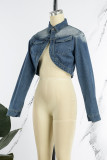 Blu Sexy Casual Street Cambiamento graduale Patchwork Turndown Collar Manica lunga Vita alta Giacca di jeans regolare