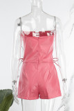 Pink Sexy Party Solid Cross Straps Reflective Strapless Skinny Rompers