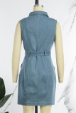 Baby Blue Casual Work Patchwork Pocket Frenulum Turndown Collar Sleeveless Mid Waist Skinny Denim Dresses(With Belt)