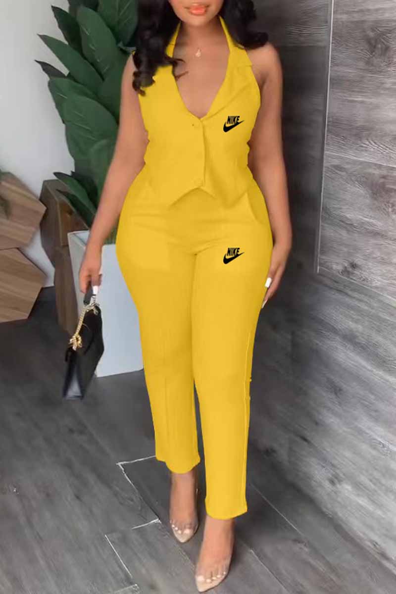 

Yellow Casual Print Letter V Neck Sleeveless Two Pieces