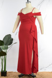レッドセクシーでエレガントな固体パッチワークフラウンススリットスパゲッティストラップ不規則なドレスプラスサイズのドレス