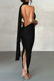Black Sexy Street Elegant Solid Backless Slit Fold V Neck Wrapped Skirt Dresses