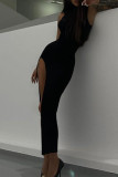 Schwarze, sexy, einfarbige, unregelmäßige Kleider mit Rollkragen und hohem Öffnungsausschnitt