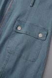 Baby Blue Casual Work Patchwork Pocket Frenulum Turndown Collar Sleeveless Mid Waist Skinny Denim Dresses(With Belt)