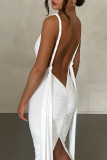 Vestidos de saia rodada com decote em V branco sexy street elegante liso sem costas