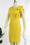 Желтые повседневные элегантные однотонные платья-юбки с оборками на молнии и круглым вырезом