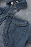Azul sexy casual street mudança gradual patchwork colarinho manga longa cintura alta jaqueta jeans regular
